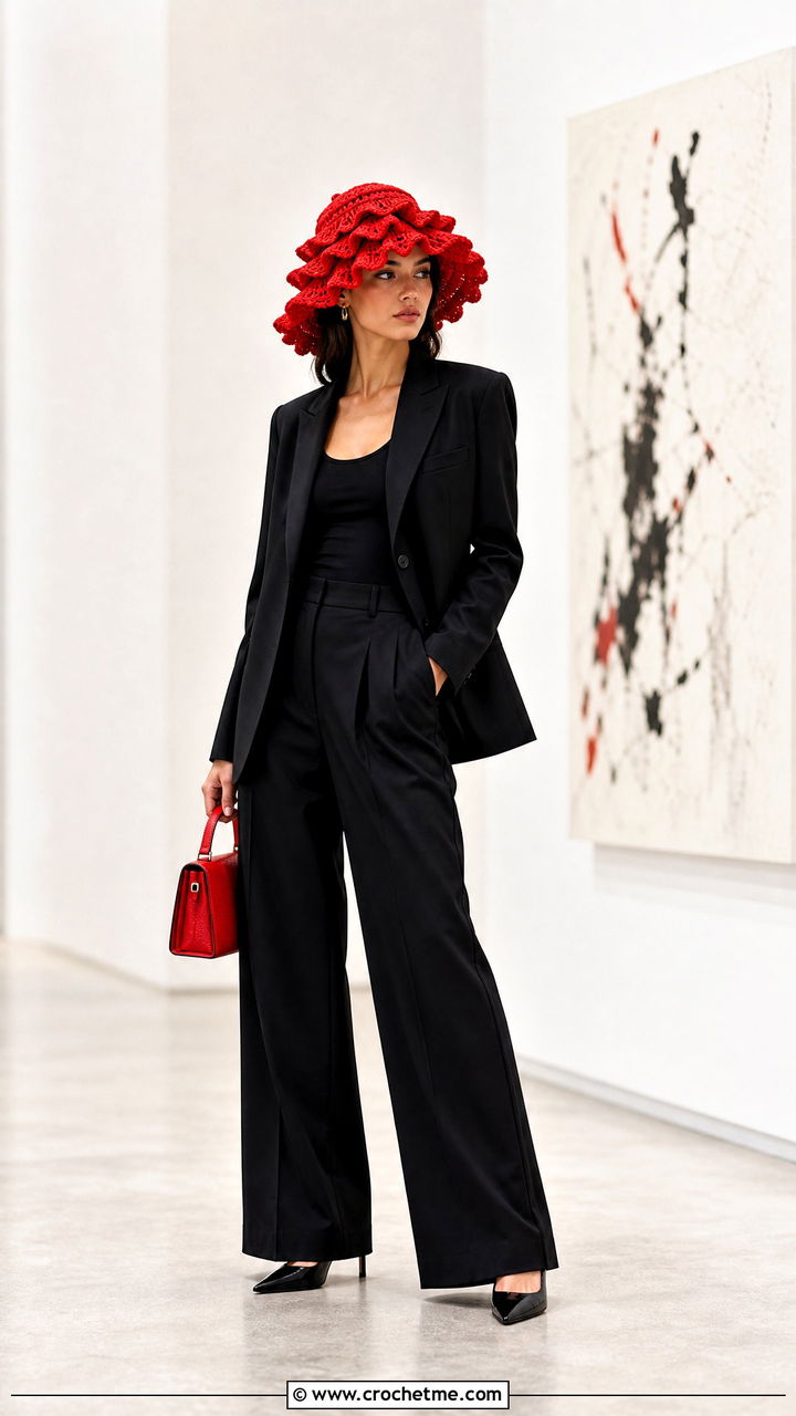 Cascading Ruffle Hat With Monochrome Suit - 35 crochet ruffle hat outfit ideas