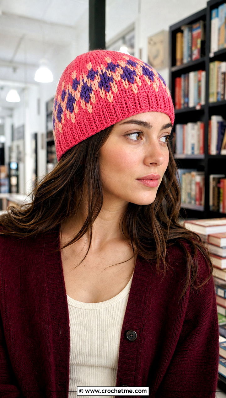 Cascading Stitch Crochet Fair Isle Beanie With Cardigan And Jeans - 20 Crochet Fair Isle Beanie outfit ideas