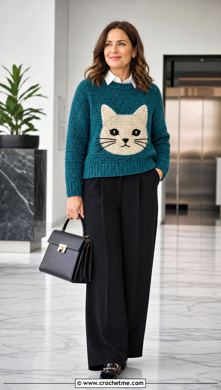 Cat Crochet Character Sweater With Black Tailored Trousers - 20 Crochet Character Sweater outfit ideas