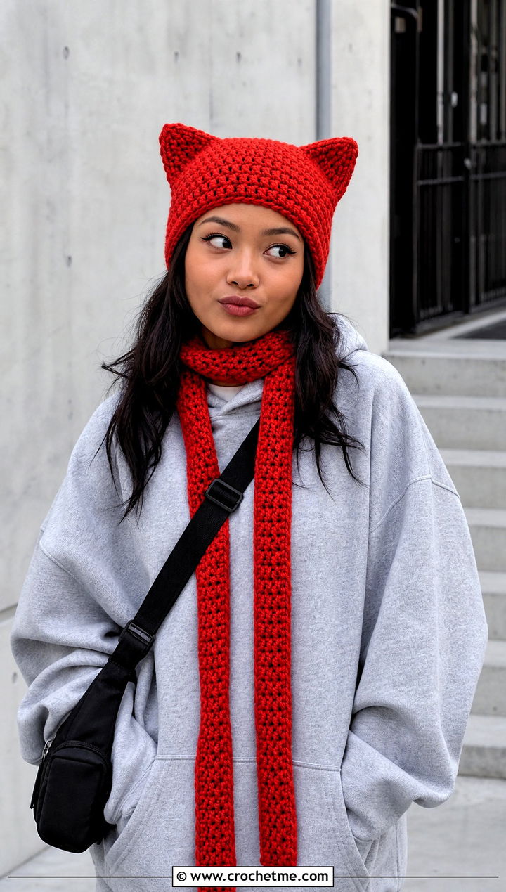 Cat Ear Beanie And Skinny Scarf With Oversized Hoodie - 30 crochet hat and scarf outfit ideas