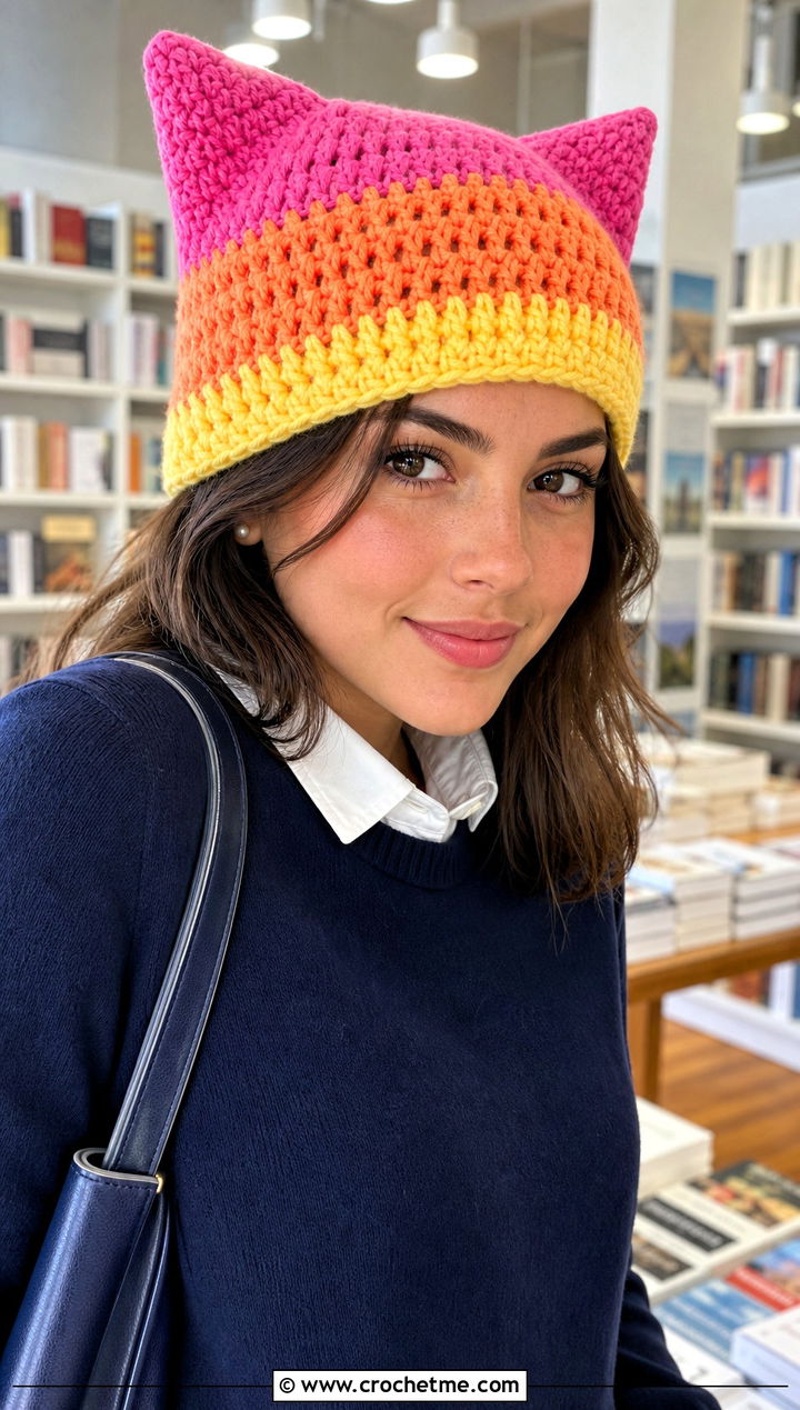 Cat Ear Candy Corn Crochet Beanie With Pleated Skirt - 15 candy corn crochet beanie outfit ideas