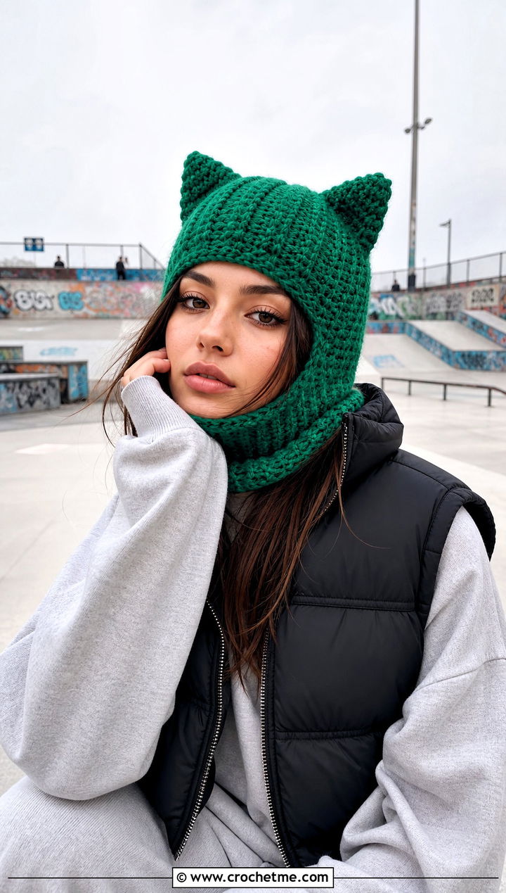 Cat Ear Crochet Balaclava Beanie With Oversized Sweatshirt - 25 crochet balaclava beanie outfit ideas