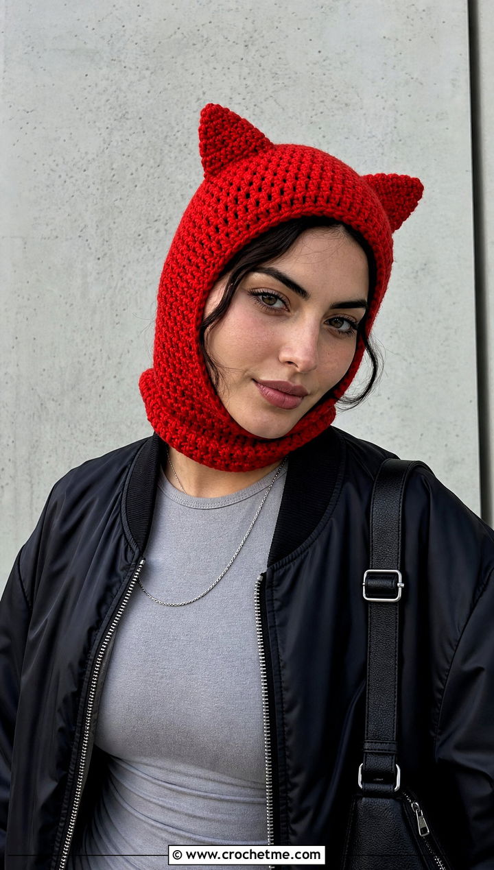 Cat Ear Crochet Balaclava With Bomber Jacket - 25 easy crochet balaclava outfit ideas