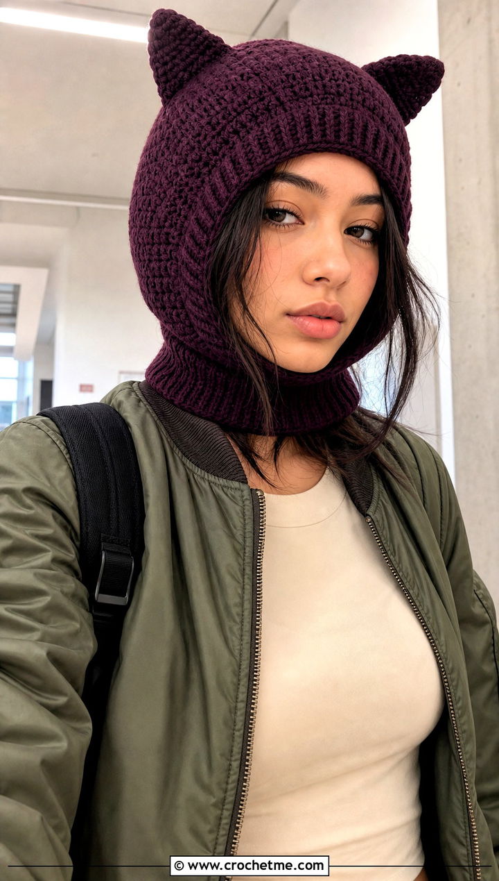 Cat Ear Crochet Balaclava With Cargo Pants - 25 crochet hood hat outfit ideas