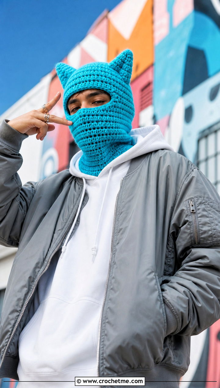 Cat Ear Crochet Balaclava With Creative Streetwear - 30 crochet balaclava for men outfit ideas