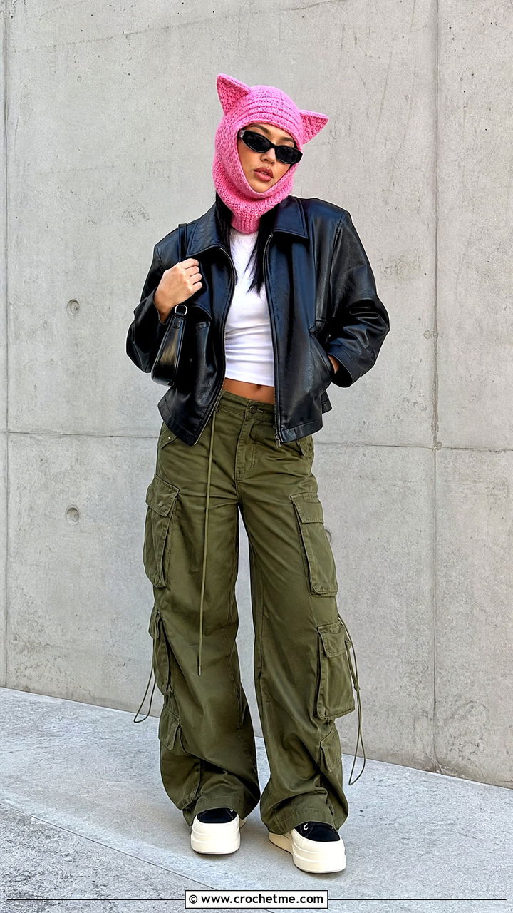 Cat Ear Crochet Balaclava With Leather Jacket And Cargo Pants - 35 crochet balaclava outfit ideas