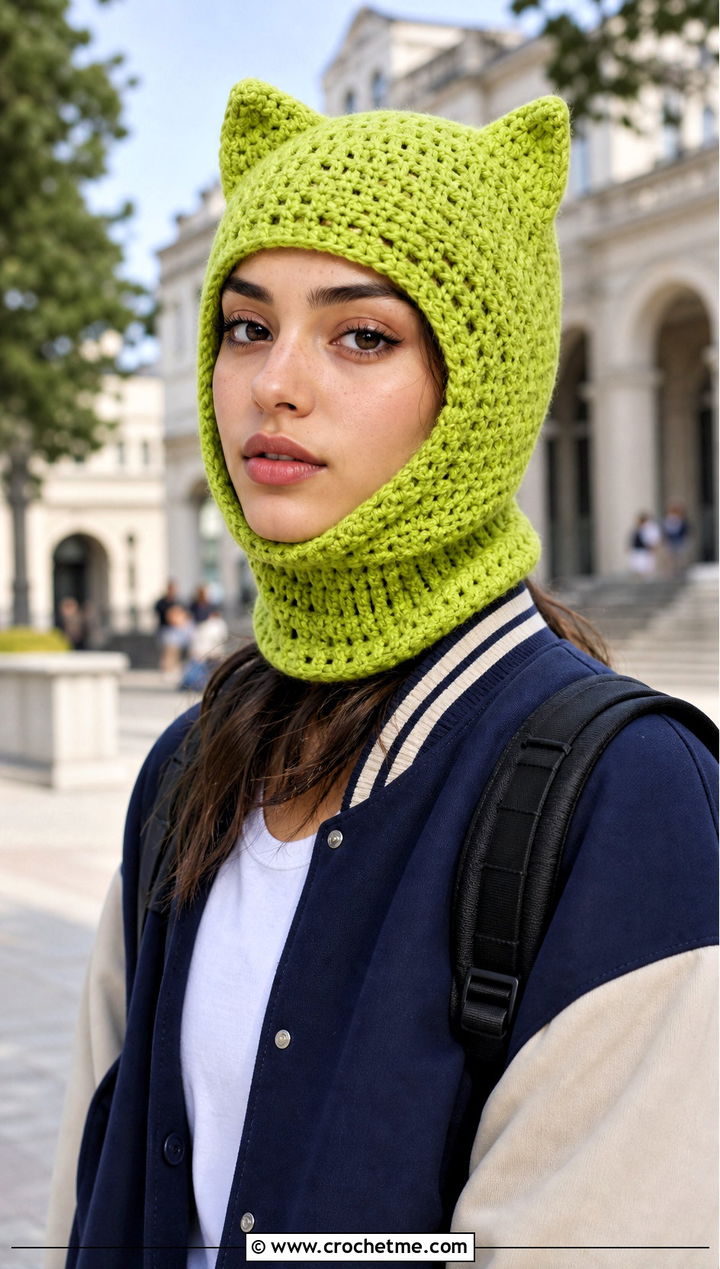 Cat Ear Crochet Balaclava With Varsity Jacket - 20 crochet balaclava ski mask outfit ideas