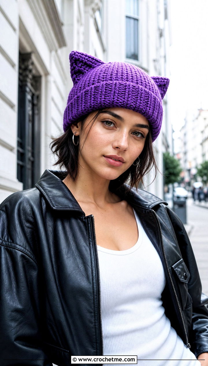Cat Ear Crochet Beanie With A Leather Jacket - 30 funny crochet hat outfit ideas