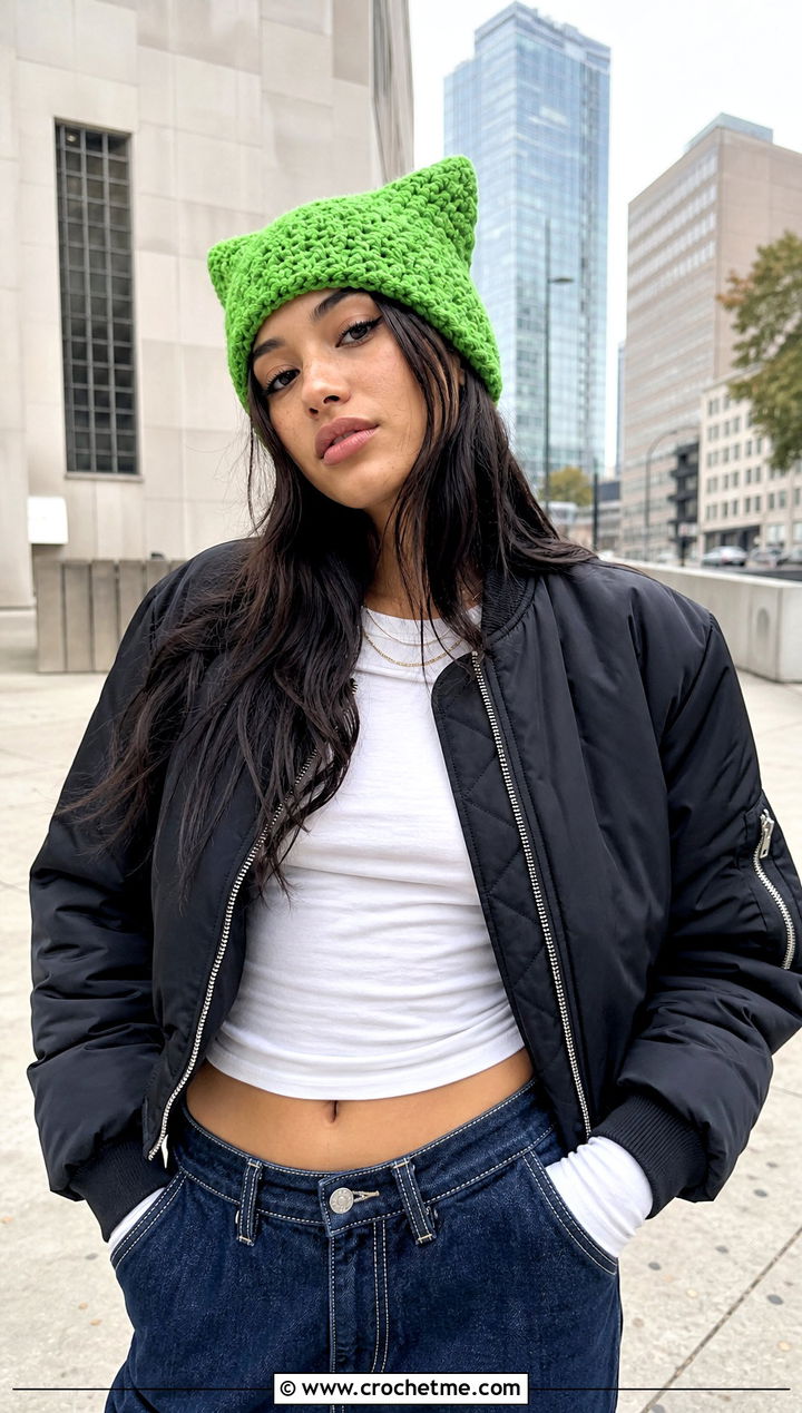 Cat Ear Crochet Beanie With Bomber Jacket And Wide Leg Jeans - 30 crochet fall beanie outfit ideas