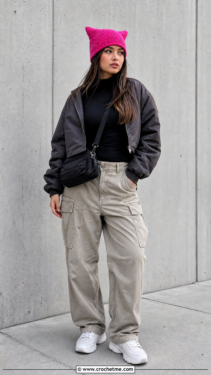 Cat Ear Crochet Beanie With Cargo Pants - 35 aesthetic crochet beanie outfit ideas