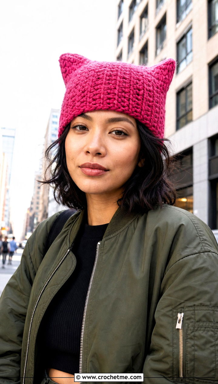 Cat Ear Crochet Beanie With Cargo Pants - 30 crochet beanies for women outfit ideas