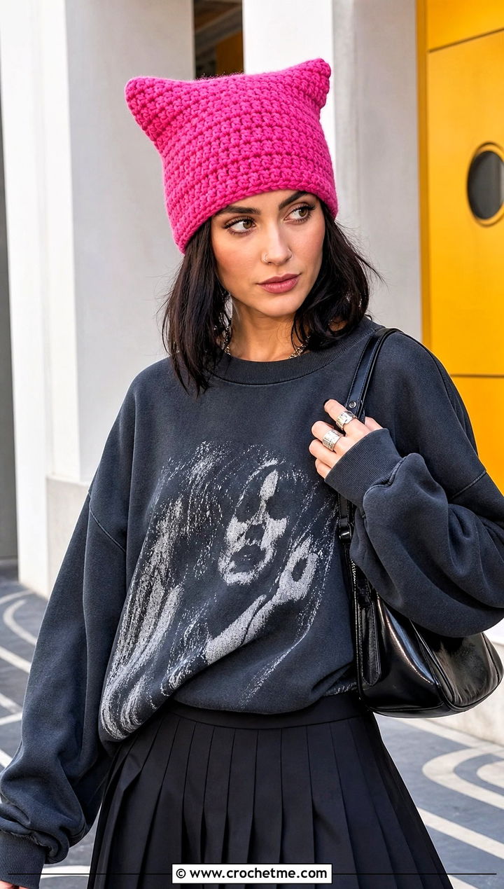 Cat Ear Crochet Beanie With Graphic Sweatshirt - 25 3 Weight Yarn Crochet Beanie outfit ideas