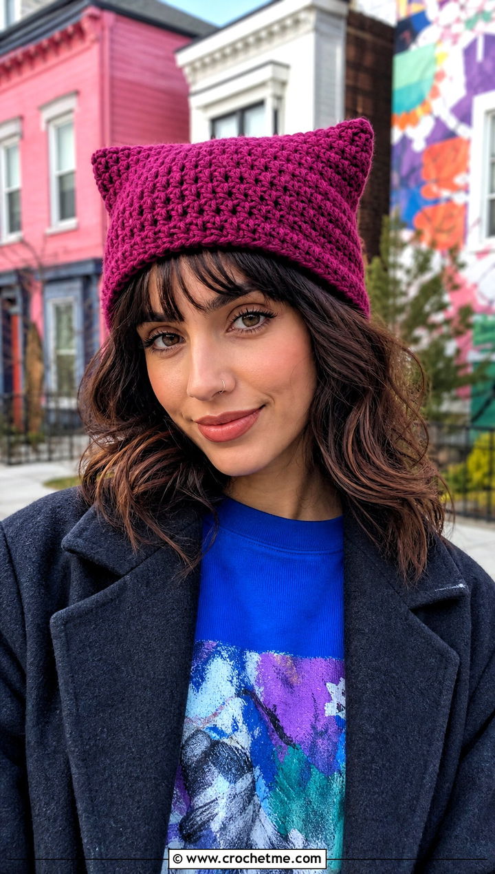 Cat Ear Crochet Beanie With Graphic Sweatshirt - 30 winter crochet beanie outfit ideas