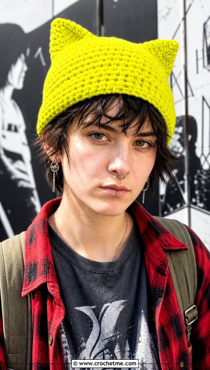 Cat Ear Crochet Beanie With Grunge Outfit - 25 Unisex Crochet Hat outfit ideas