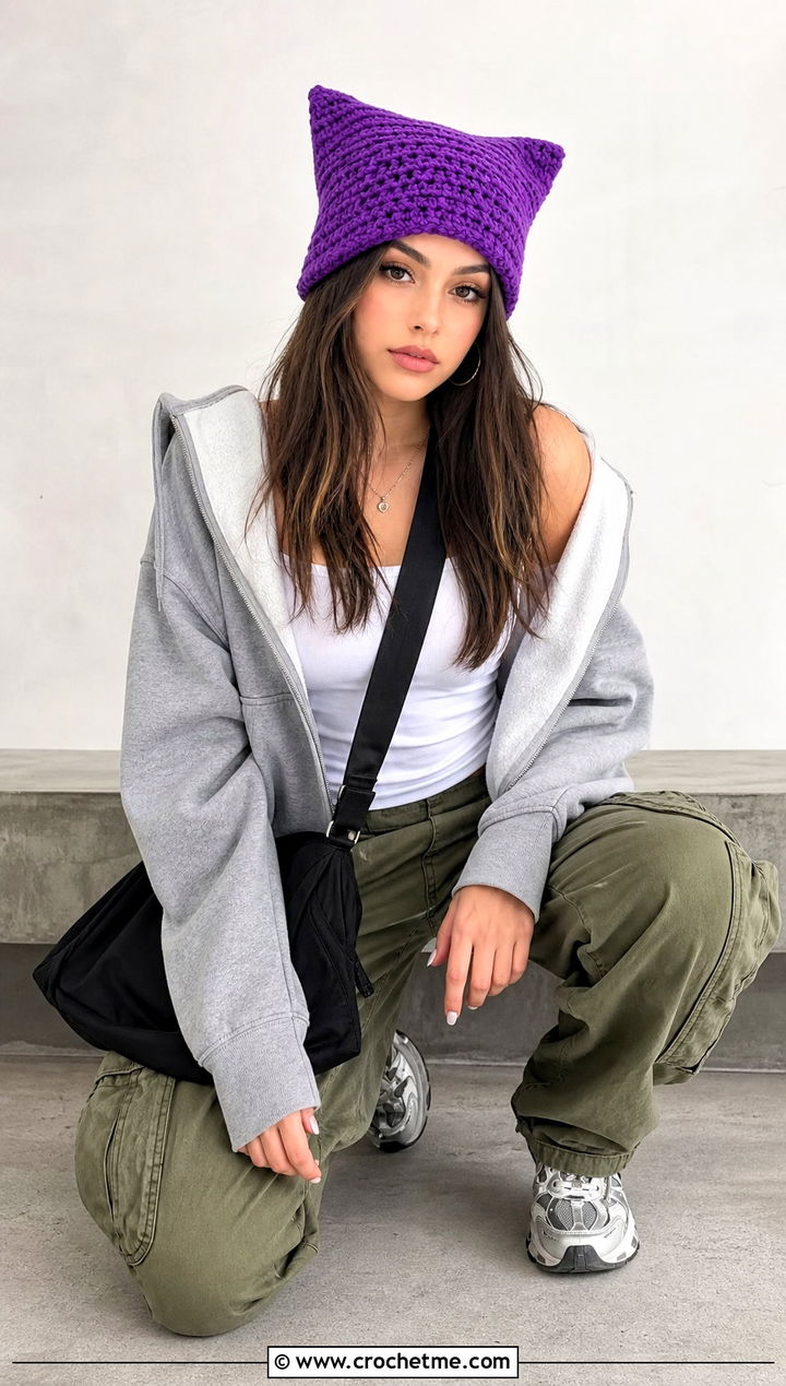 Cat Ear Crochet Beanie With Hoodie And Cargo Pants - 20 unique crochet beanie outfit ideas