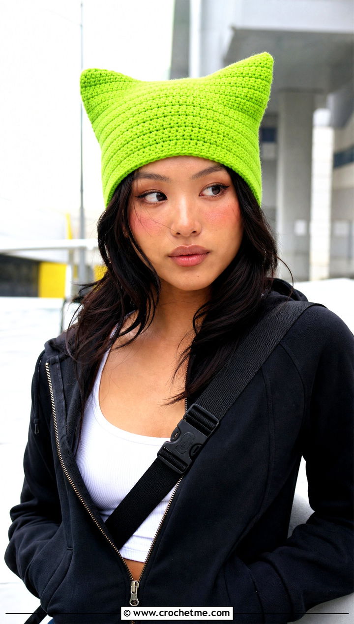 Cat Ear Crochet Beanie With Hoodie And Parachute Pants - 15 Easy Crochet Beanies For Beginners outfit ideas