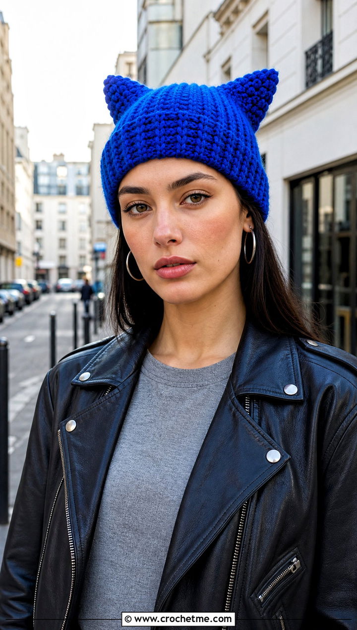 Cat Ear Crochet Beanie With Leather Jacket - 25 Weird Crochet Hat outfit ideas