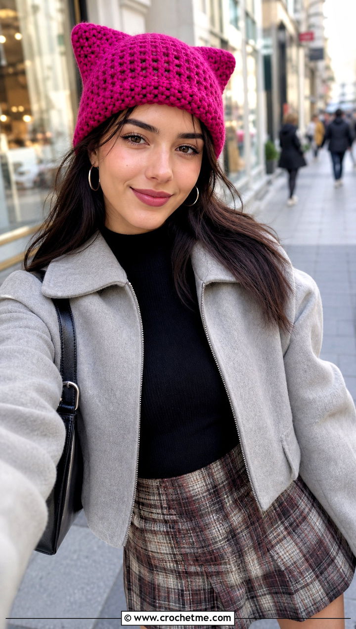 Cat Ear Crochet Beanie With Mini Skirt - 25 easy simple crochet hats for beginners outfit ideas
