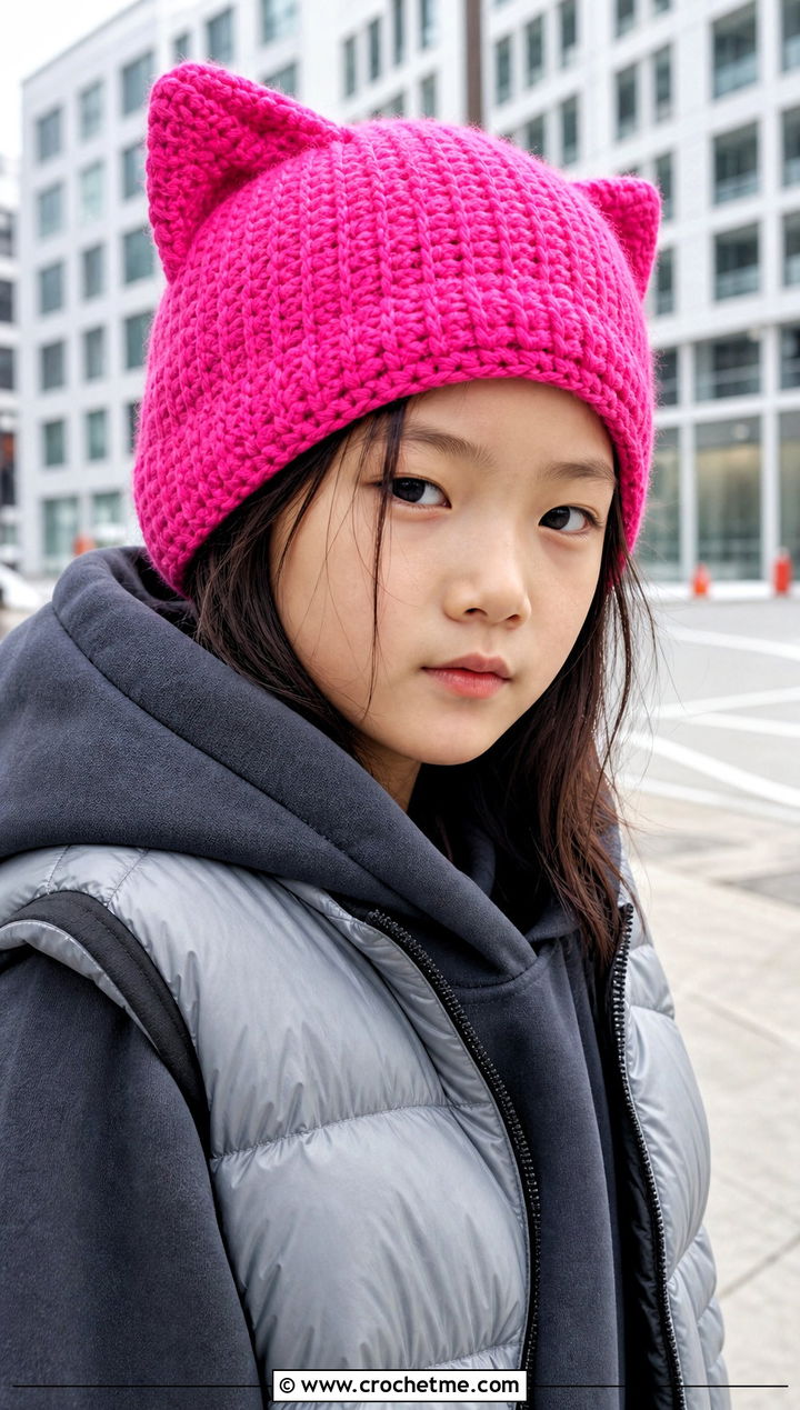 Cat Ear Crochet Beanie With Monochrome Outfit - 25 crochet childs hat outfit ideas