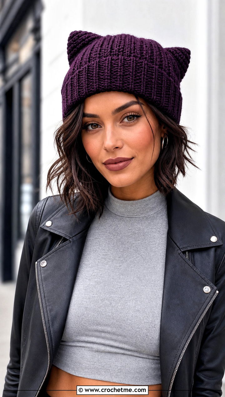 Cat Ear Crochet Beanie With Moto Jacket - 30 crochet funny hats outfit ideas