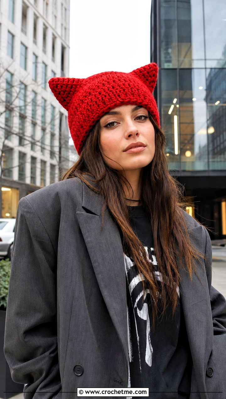 Cat Ear Crochet Beanie With Oversized Blazer - 25 Fall Crochet Beanie outfit ideas