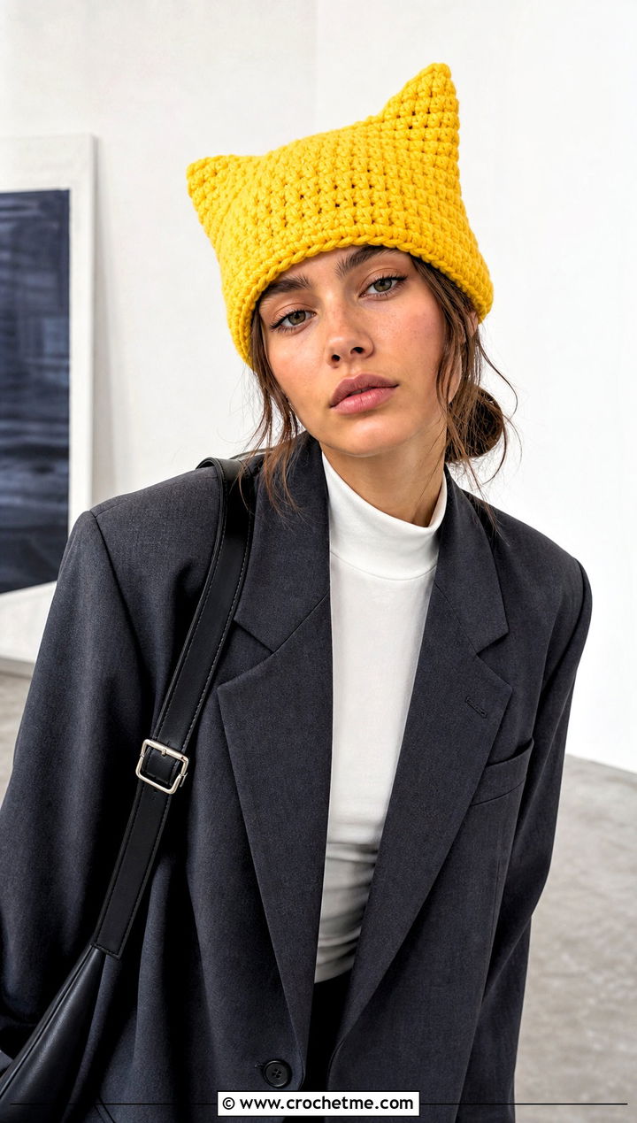 Cat Ear Crochet Beanie With Oversized Blazer - 35 basic crochet beanie outfit ideas