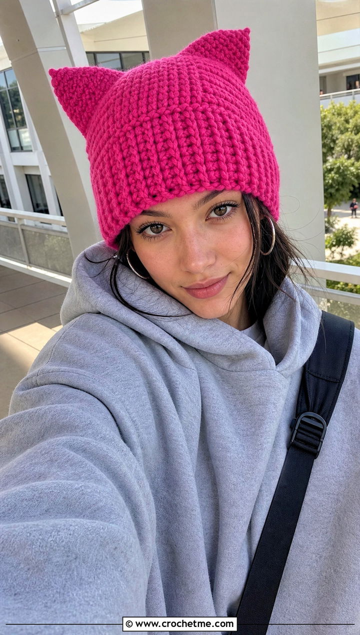 Cat Ear Crochet Beanie With Oversized Hoodie - 25 Quick Crochet Hats outfit ideas