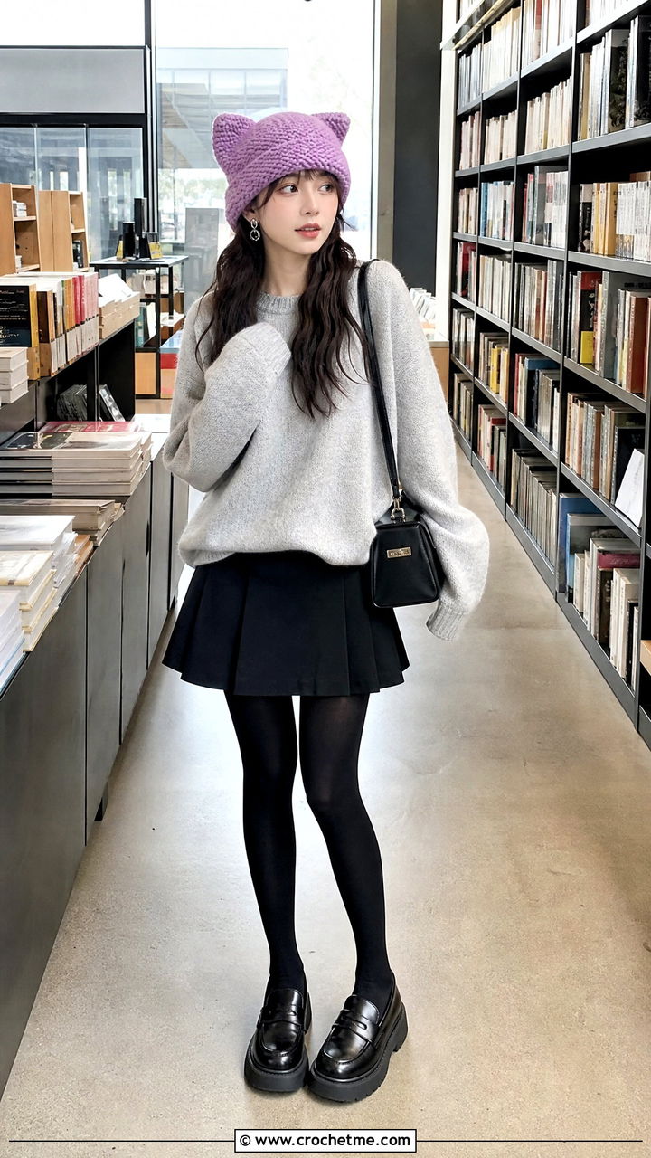 Cat Ear Crochet Beanie With Oversized Sweater And Mini Skirt - 35 crochet beanie hat outfit ideas