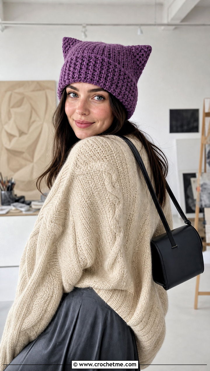 Cat Ear Crochet Beanie With Oversized Sweater - 30 winter crochet hats outfit ideas
