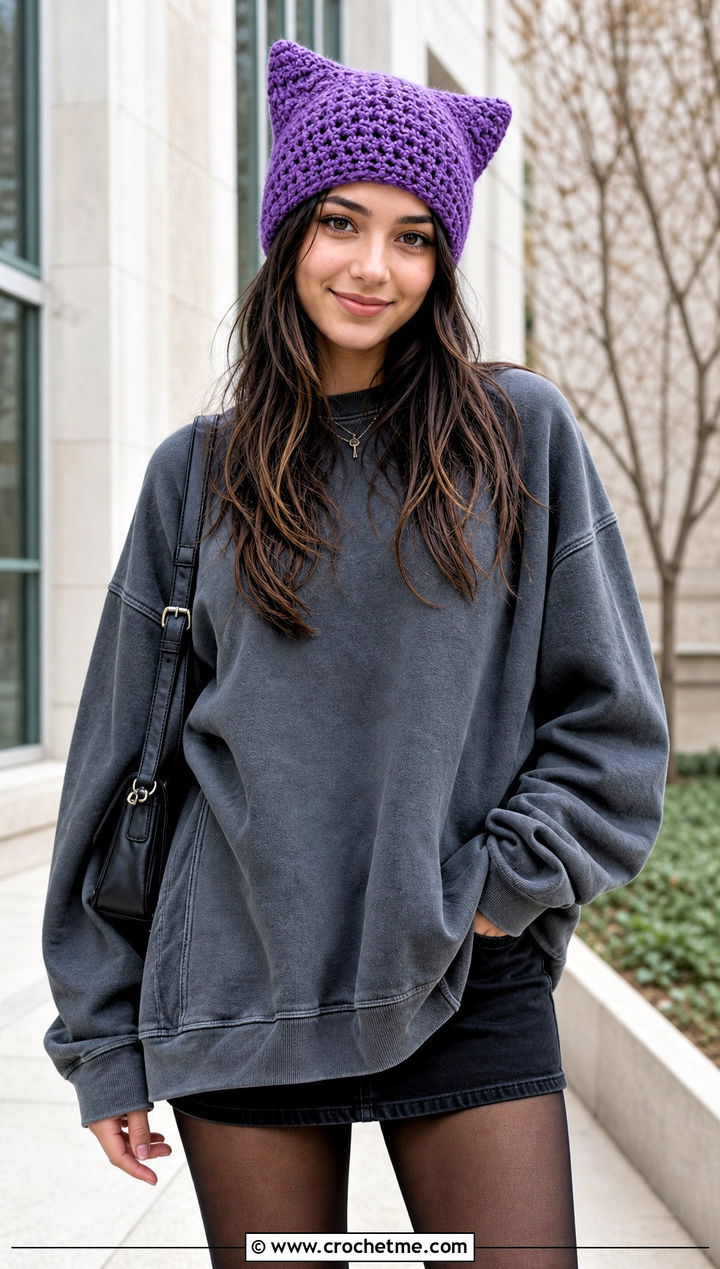 Cat Ear Crochet Beanie With Oversized Sweatshirt And Miniskirt - 15 cool crochet beanie outfit ideas