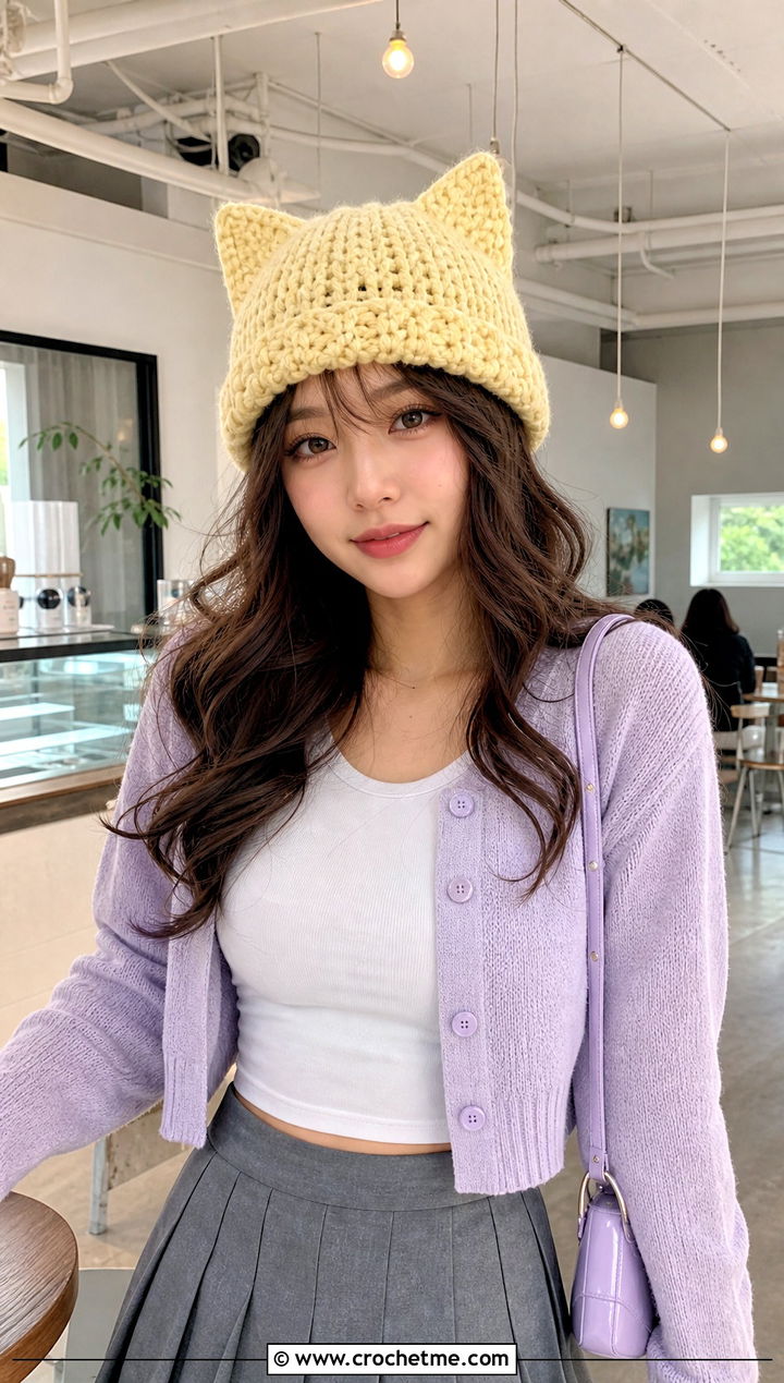 Cat Ear Crochet Beanie With Pleated Skirt - 20 Kawaii Crochet Hat outfit ideas
