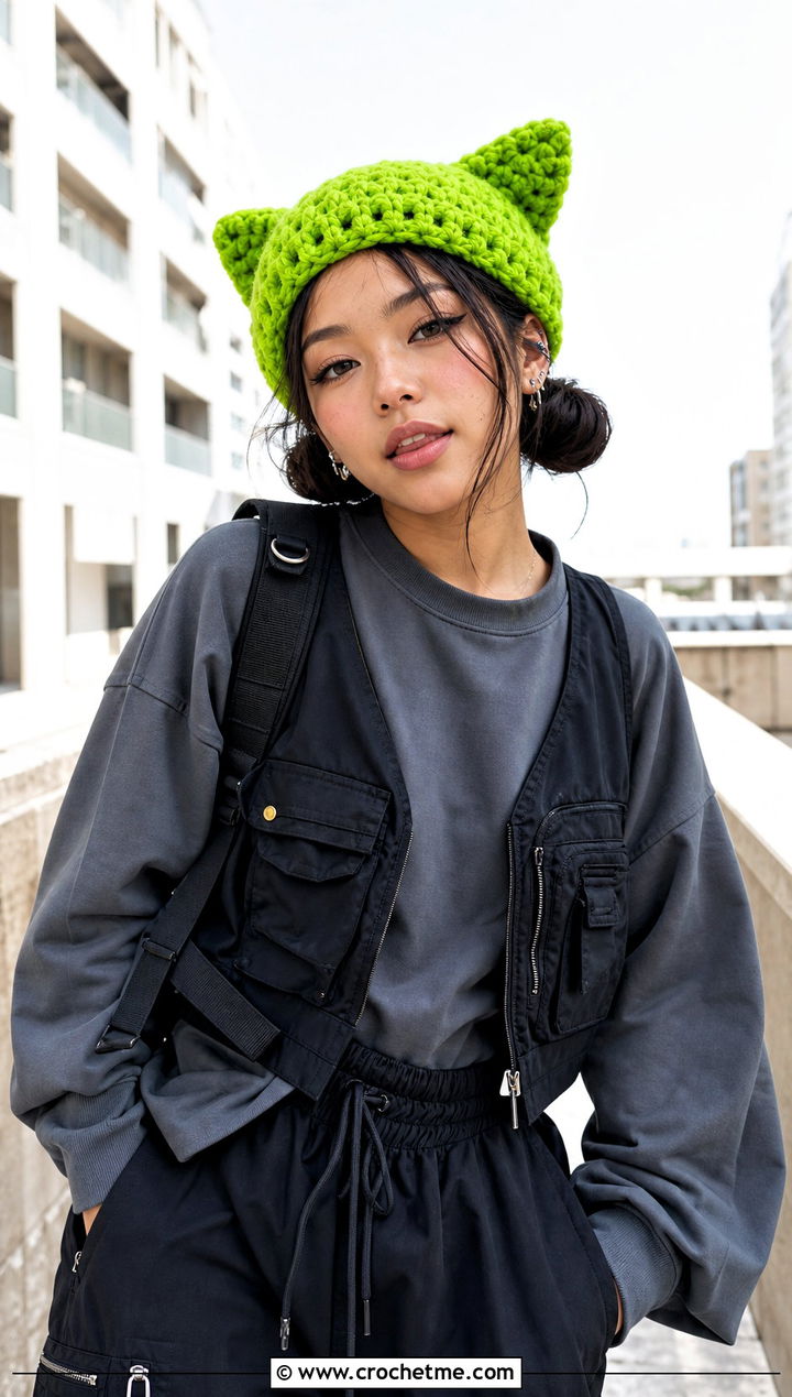 Cat Ear Crochet Beanie With Space Buns And Streetwear - 30 crochet hat with hair outfit ideas
