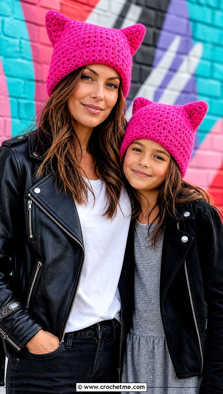 Cat Ear Crochet Beanies With Leather Jackets - 25 Mommy And Me Crochet Hats outfit ideas