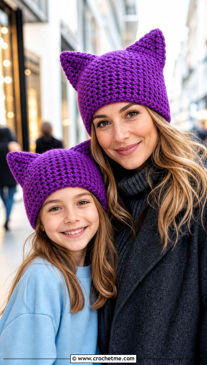 Cat Ear Crochet Beanies With Monochrome Outfits - 20 Mother Daughter Crochet Hats outfit ideas