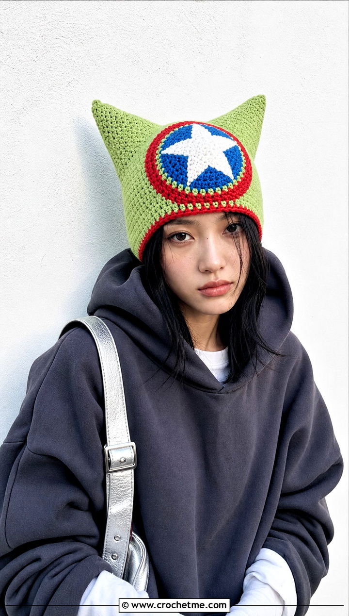 Cat Ear Crochet Captain America Beanie With Streetwear - 25 Crochet Captain America Hat outfit ideas