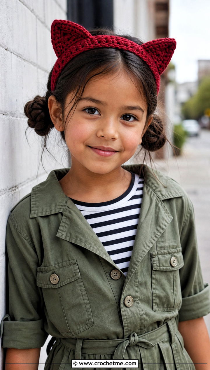 Cat Ear Crochet Child Headband With Utility Jumpsuit - 20 Crochet Childs Headband outfit ideas