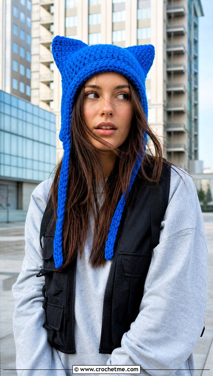 Cat Ear Crochet Ear Flap Hat With Streetwear Outfit - 30 crochet adult ear flap hat outfit ideas