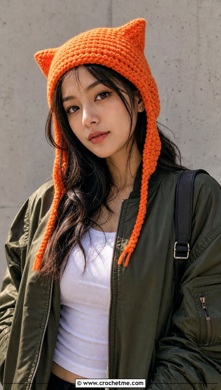 Cat Ear Crochet Earflap Beanie With Bomber Jacket - 15 Crochet Beanie With Earflaps outfit ideas