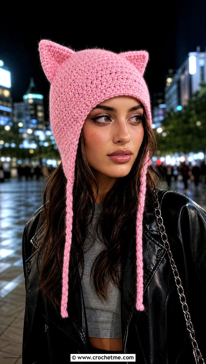Cat Ear Crochet Earflap Hat With Leather Jacket - 15 Crochet Hat With Earflaps outfit ideas