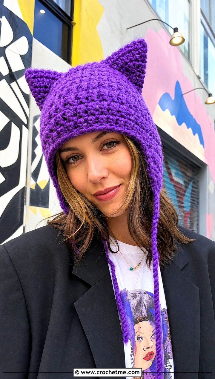 Cat Ear Crochet Flap Hat With Graphic T Shirt - 30 crochet flap hat outfit ideas