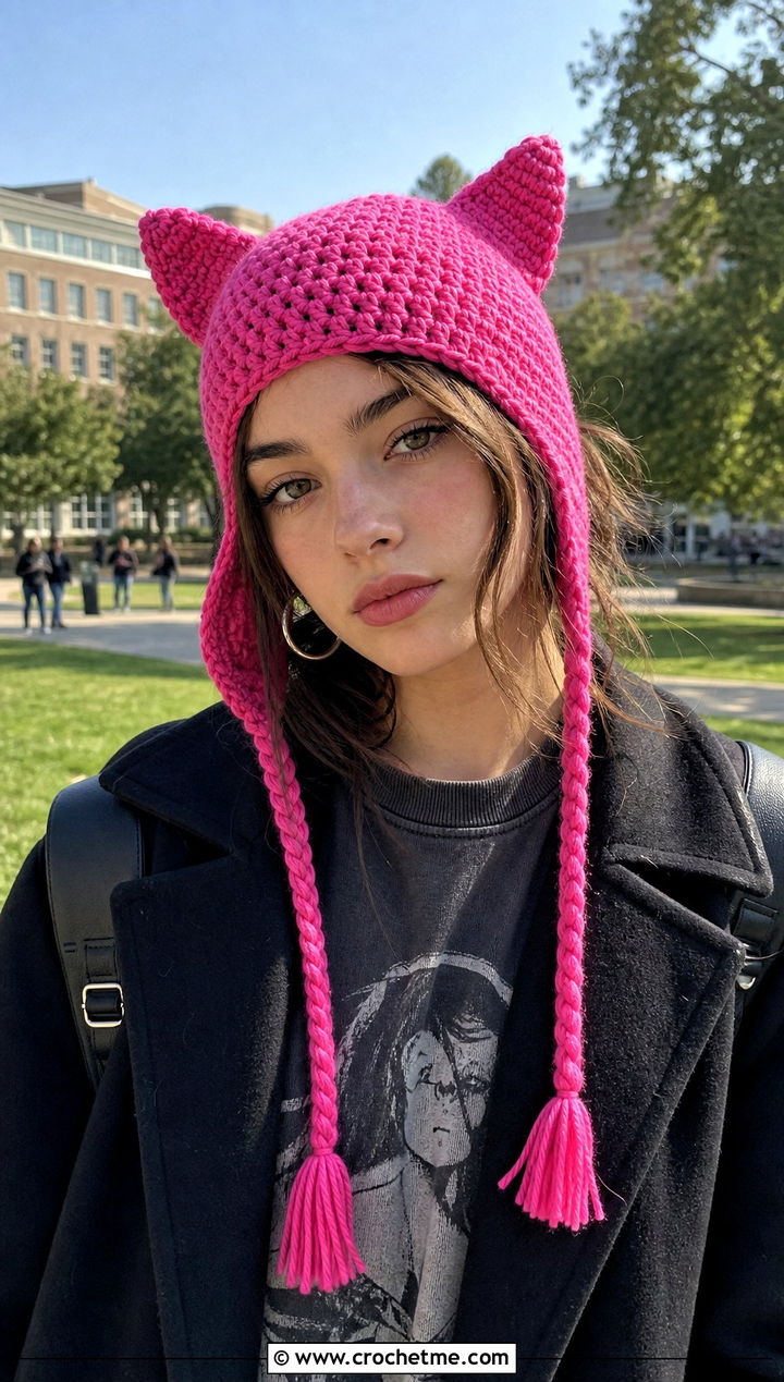 Cat Ear Crochet Hat With Braided Tassels And Graphic Sweatshirt - 30 crochet hat with braids outfit ideas
