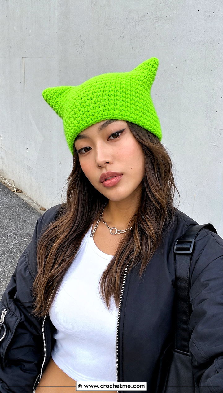 Cat Ear Crochet Rectangle Hat With Cargo Pants - 25 Crochet Rectangle Hat outfit ideas