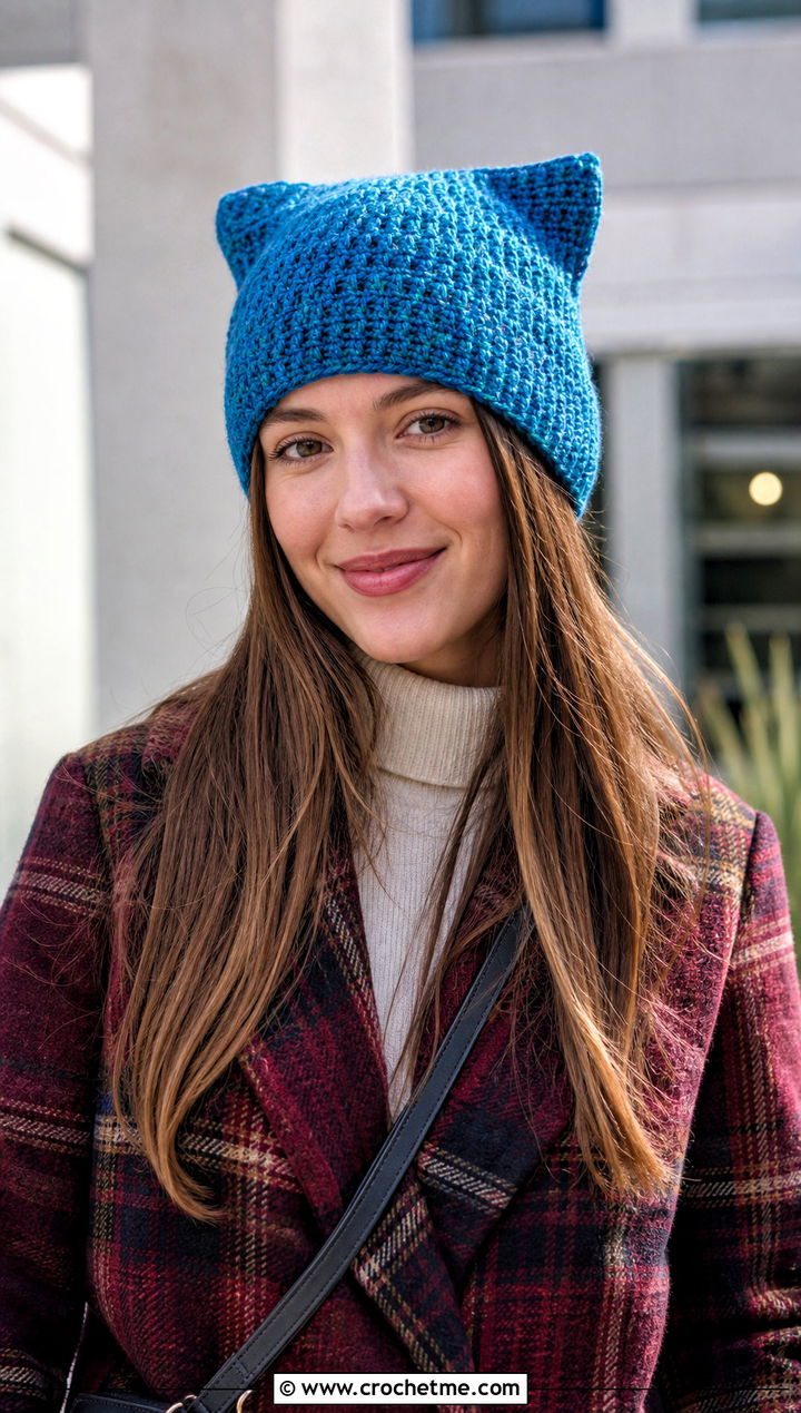 Cat Ear Crochet Ski Hat With Plaid Coat And Mini Skirt - 30 crochet ski hat outfit ideas