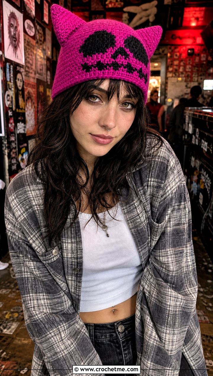 Cat Ear Crochet Skull Beanie With Grunge Outfit - 30 crochet skull beanie outfit ideas