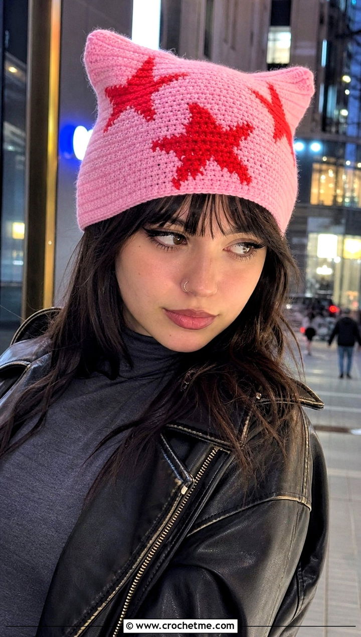 Cat Ear Crochet Star Beanie With Mini Skirt - 25 crochet star hat outfit ideas