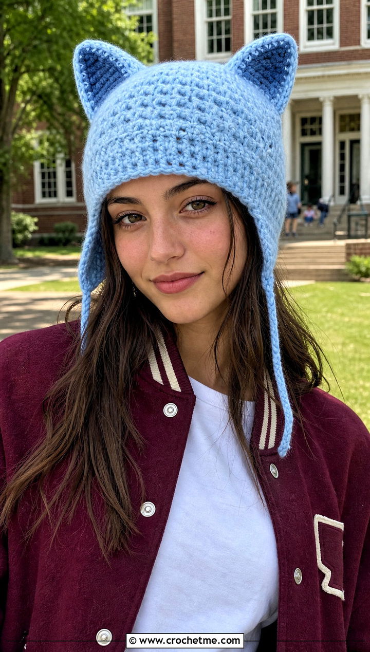Cat Ear Earflap Crochet Beanie With Varsity Jacket - 25 Earflap Crochet Beanie outfit ideas