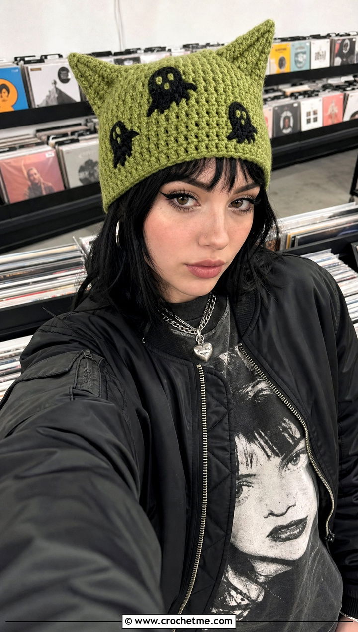 Cat Ear Ghost Crochet Beanie With Graphic Tee - 25 Ghost Crochet Hat outfit ideas