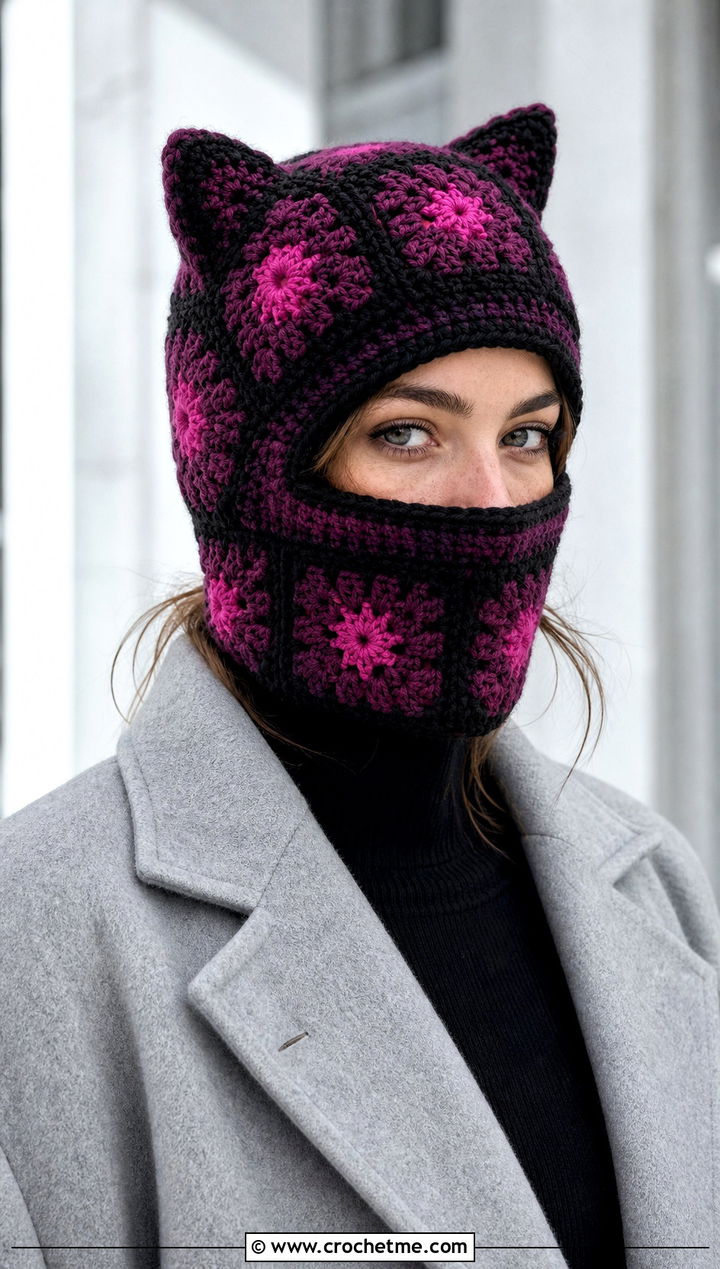 Cat Ear Granny Square Balaclava With Maxi Coat - 30 crochet granny square balaclava outfit ideas