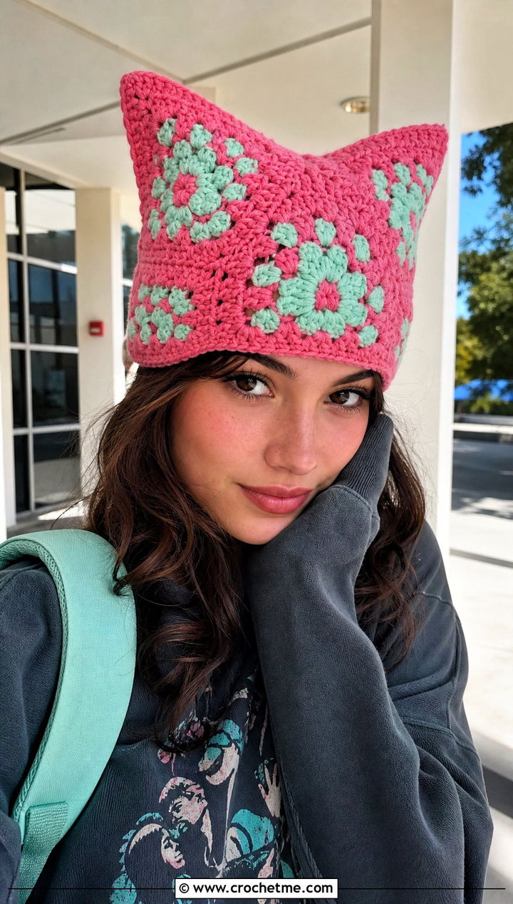 Cat Ear Granny Square Beanie With Graphic Sweatshirt - 30 granny square beanie outfit ideas