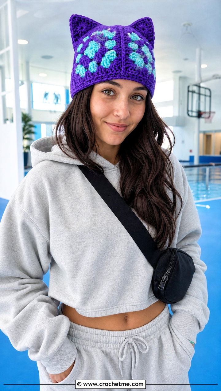 Cat Ear Granny Square Crochet Beanie With Hoodie And Joggers - 30 granny square crochet beanie outfit ideas